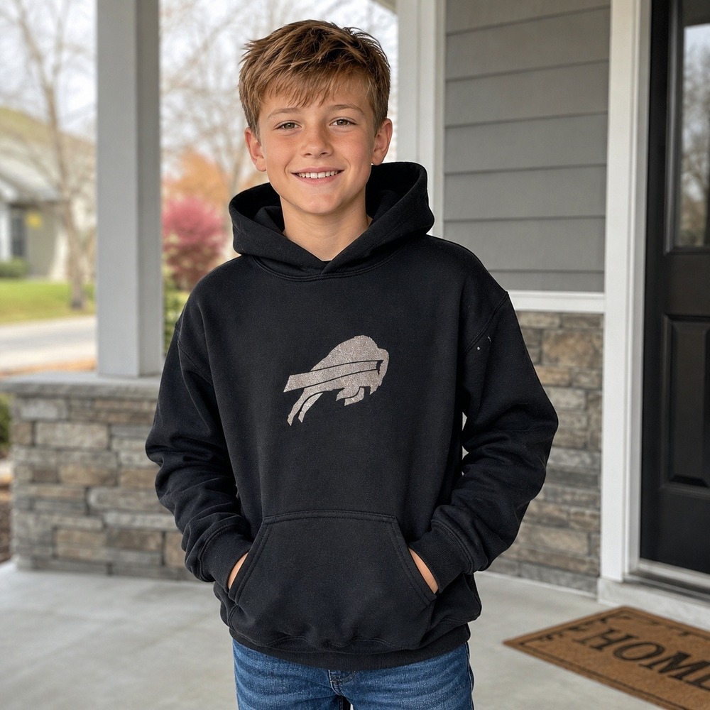 Gildan Buffalo Bills Youth L Black Hoodie Silver Logo Madden Personalized